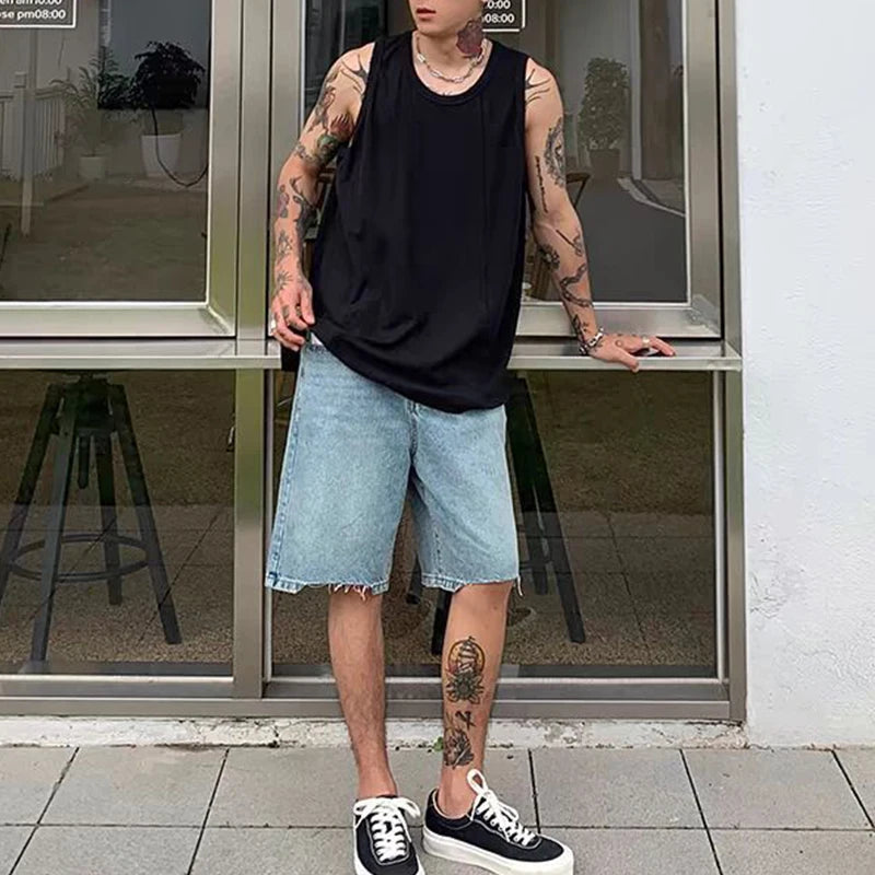 Fashion Sleeveless Loose Ribbed Tank Tops Mens Spring Summer Sports Fitness Baggy Camisole Men Casual Solid Color Crew Neck Vest