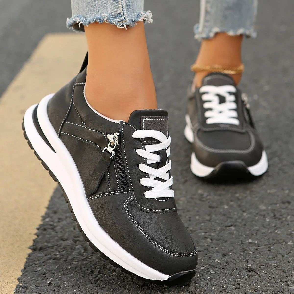 Women Casual Platform Sneakers 2024 Autumn New Lace Up Thick Bottom Sport Shoes Woman Fashion Anti Slip Flats Vulcanized Shoes
