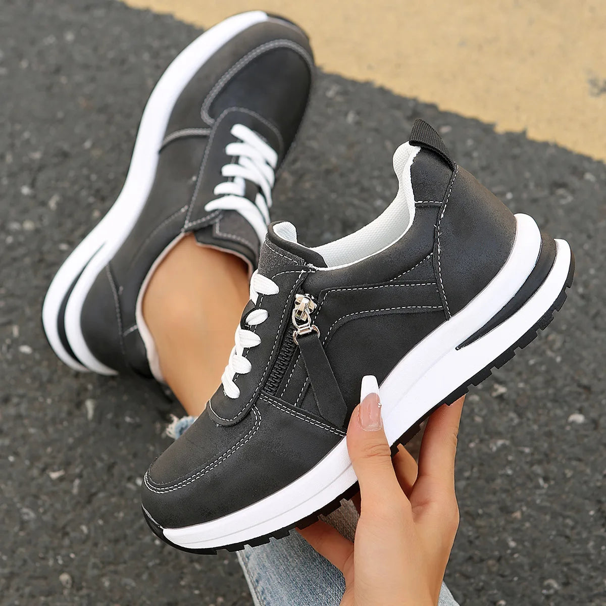 Women Casual Platform Sneakers 2024 Autumn New Lace Up Thick Bottom Sport Shoes Woman Fashion Anti Slip Flats Vulcanized Shoes