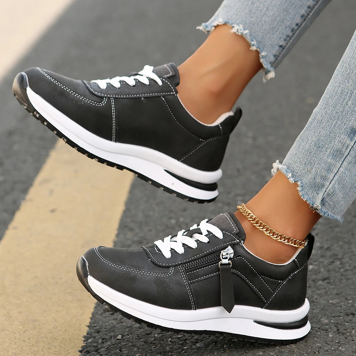 Women Casual Platform Sneakers 2024 Autumn New Lace Up Thick Bottom Sport Shoes Woman Fashion Anti Slip Flats Vulcanized Shoes