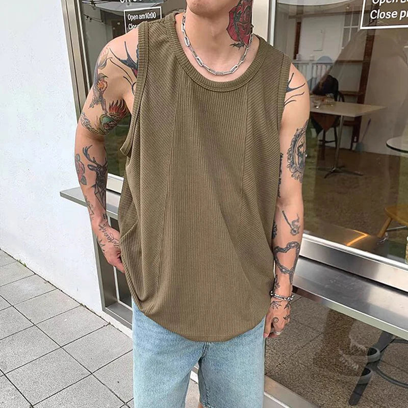 Fashion Sleeveless Loose Ribbed Tank Tops Mens Spring Summer Sports Fitness Baggy Camisole Men Casual Solid Color Crew Neck Vest