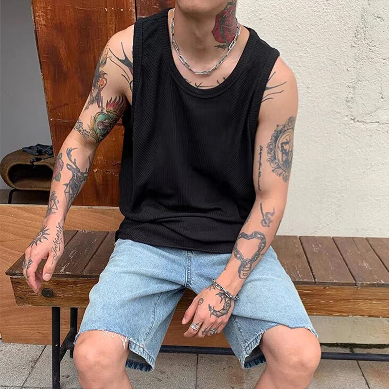 Fashion Sleeveless Loose Ribbed Tank Tops Mens Spring Summer Sports Fitness Baggy Camisole Men Casual Solid Color Crew Neck Vest