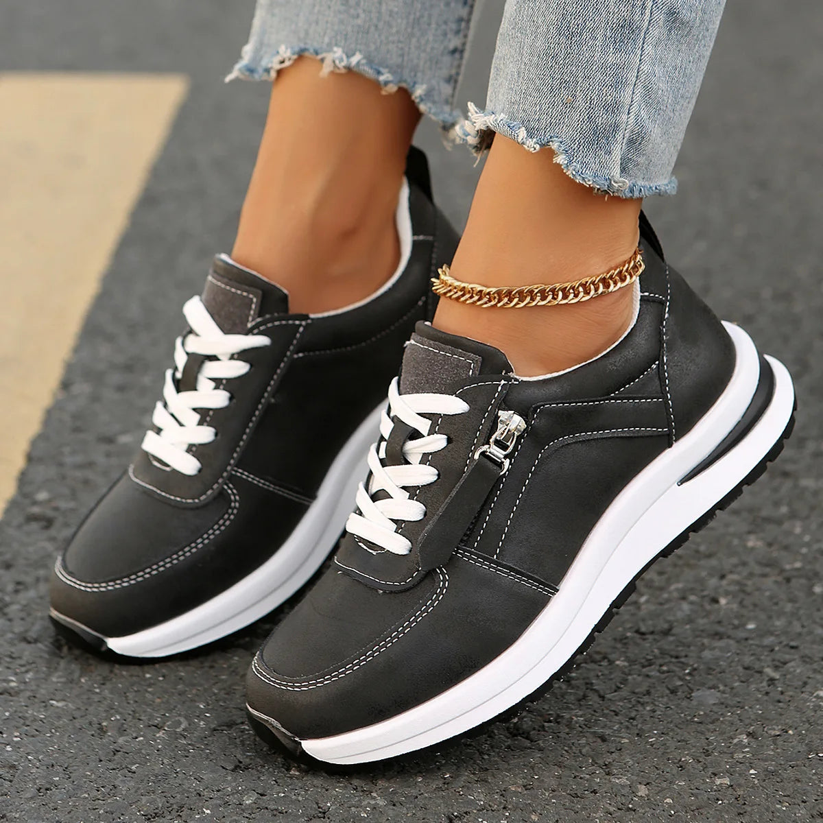 Women Casual Platform Sneakers 2024 Autumn New Lace Up Thick Bottom Sport Shoes Woman Fashion Anti Slip Flats Vulcanized Shoes