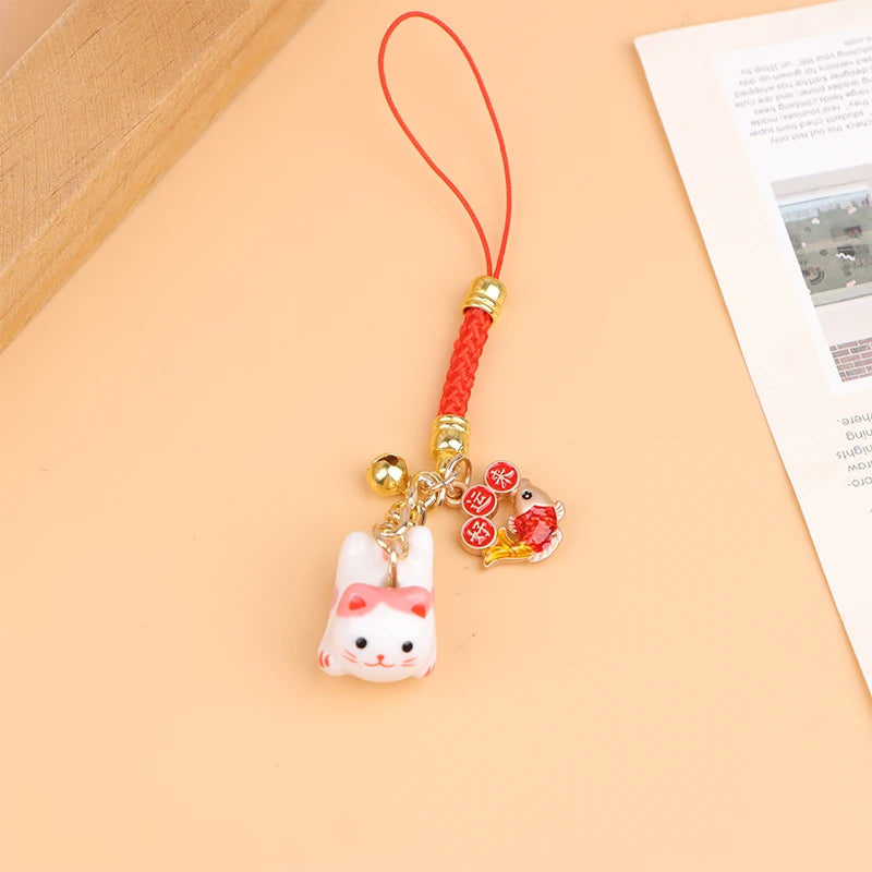 Lucky Cat Pendant Phone Lanyard Creative Lucky Nafu Wealth Ceramic Beaded Phone Chain Mobile Phone Strap Keycord