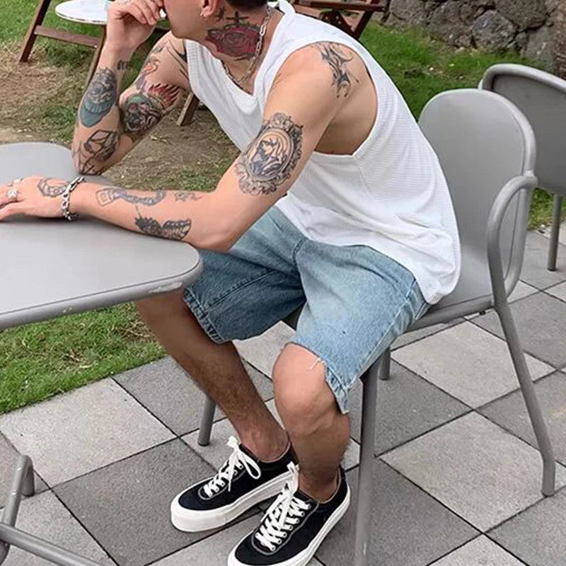 Fashion Sleeveless Loose Ribbed Tank Tops Mens Spring Summer Sports Fitness Baggy Camisole Men Casual Solid Color Crew Neck Vest