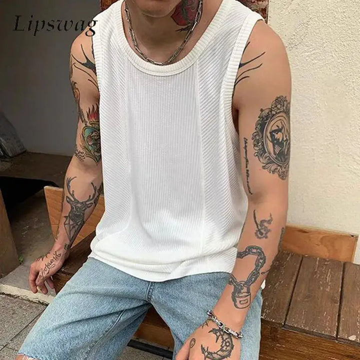 Fashion Sleeveless Loose Ribbed Tank Tops Mens Spring Summer Sports Fitness Baggy Camisole Men Casual Solid Color Crew Neck Vest