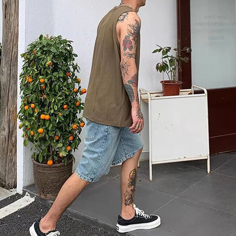 Fashion Sleeveless Loose Ribbed Tank Tops Mens Spring Summer Sports Fitness Baggy Camisole Men Casual Solid Color Crew Neck Vest