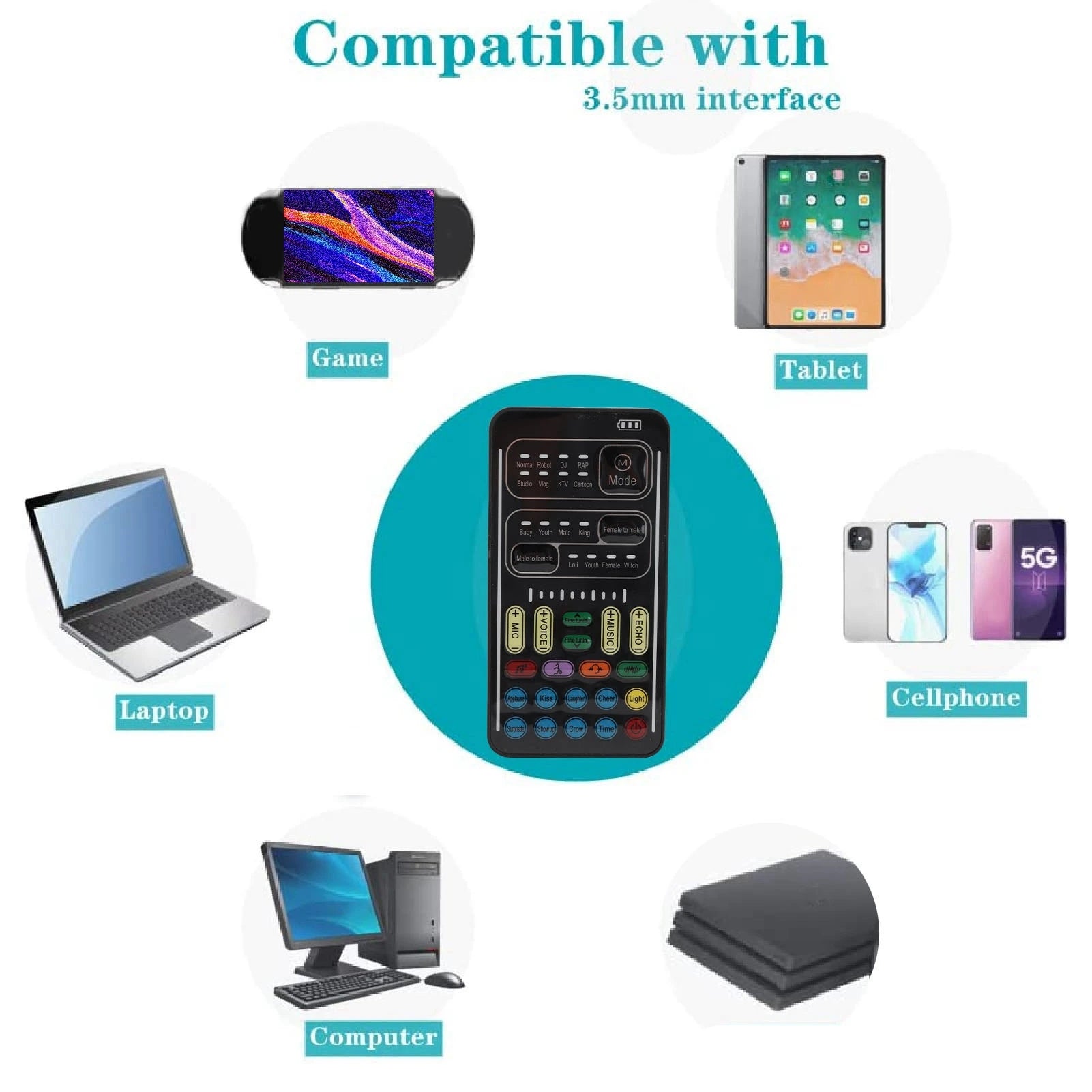 Voice Disguiser 8 Built in Sound Effects Handheld Voice Changer Portable Multiple Connection Modes ABS for Live Streaming