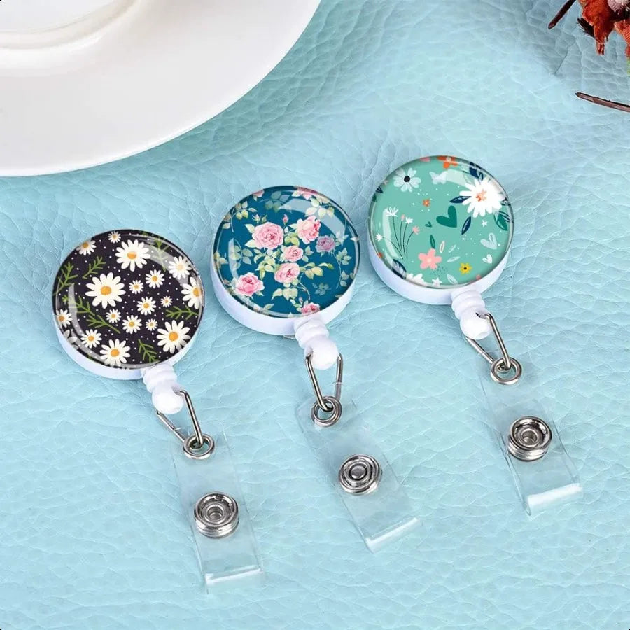 Retractable ID Badge Holder  Badge Reels with Clip Name Card Holders for Office Worker Doctor  Cute Flowers 3 Pack
