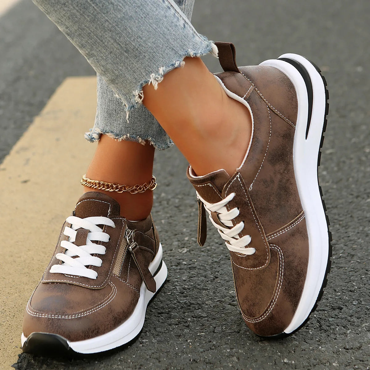Women Casual Platform Sneakers 2024 Autumn New Lace Up Thick Bottom Sport Shoes Woman Fashion Anti Slip Flats Vulcanized Shoes
